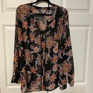Liz‎ Claiborne sheer black and and orange fall print blouse 1X